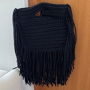 Elegant Black Crochet Tote with Fringe